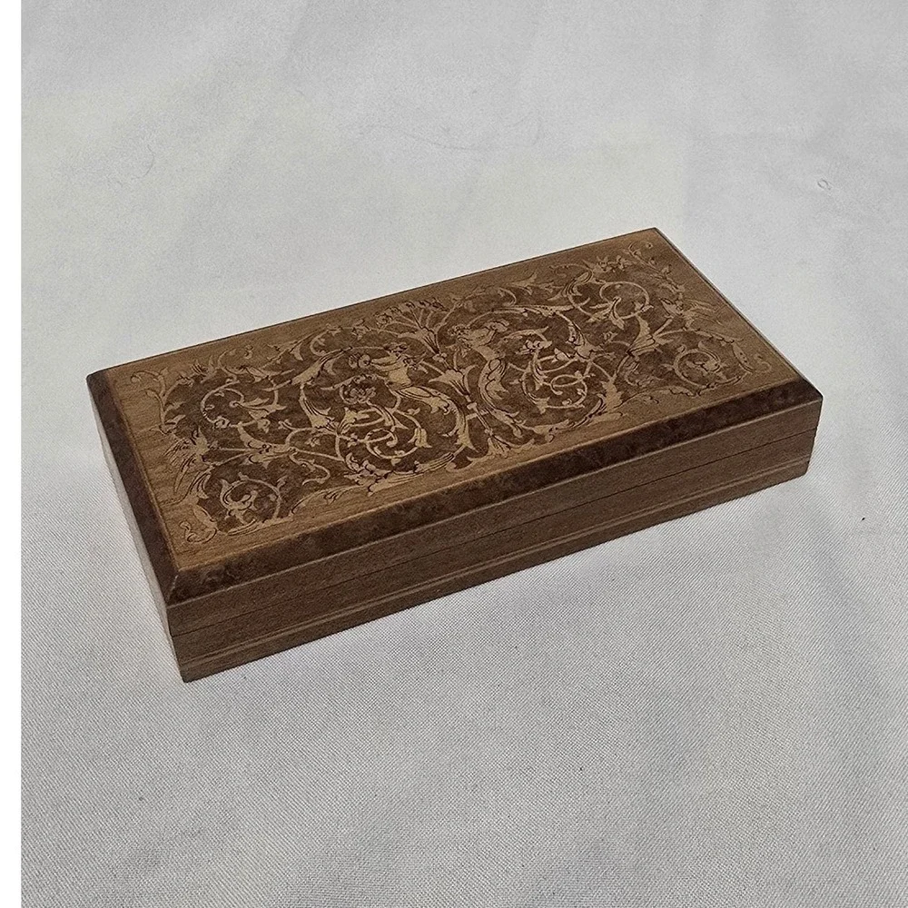 Vtg Italian inlays wooden jewelry trinket box hinged Old World Grandmillennial